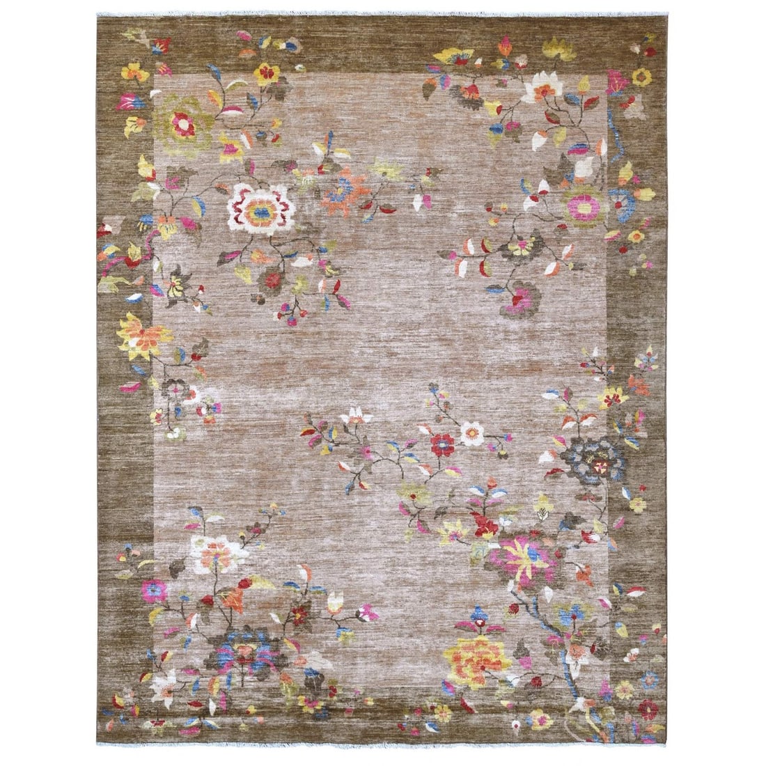 8'x9'10" Brown Chinese Art Deco Inspired Peshawar Wool Hand Knotted Rug: 8'x9'10" Brown Chinese Art Deco Inspired Peshawar Wool Hand Knotted Rug The 8'x9'10" Brown Chinese Art Deco Inspired Peshawar Wool Hand Knotted Rug boasts a stunning floral pattern, characteristic of 