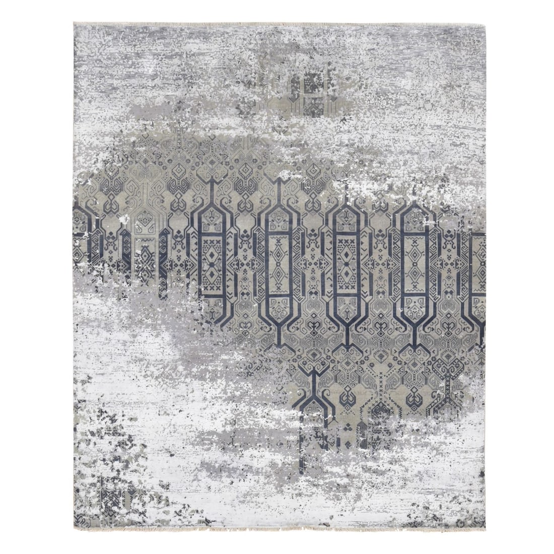 8'x9'10" Gray Broken and Erased Design Wool and Silk Hand Knotted Rug: 8'x9'10" Gray Broken and Erased Design Wool and Silk Hand Knotted Rug This unique 8'x9'10" gray wool and silk hand knotted rug boasts a striking broken design pattern, adding a touch of elegance to an