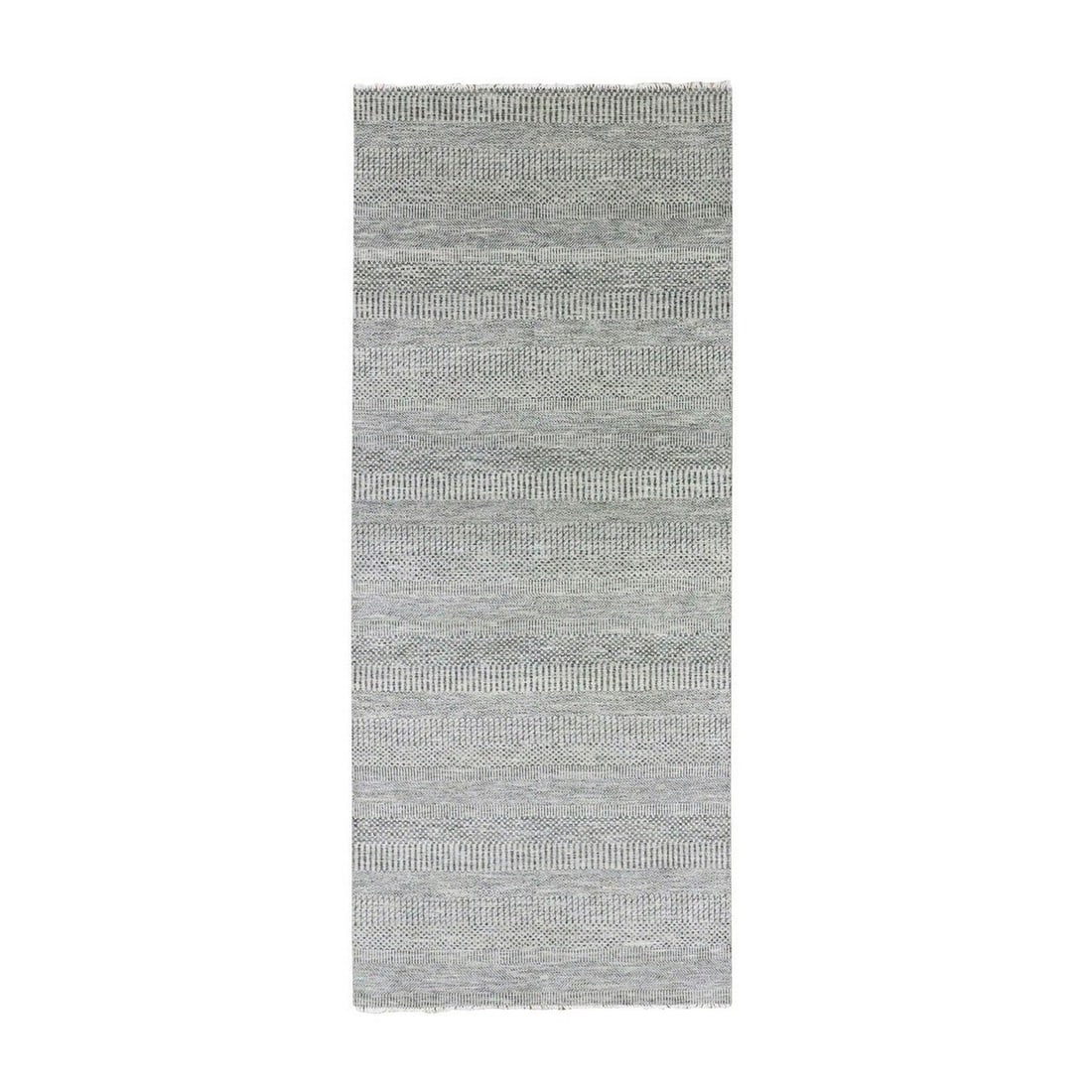 4'1"x12'1" Gentle Gray Grass Design Hand Knotted Undyed Wool Runner Rug: 4'1"x12'1" Gentle Gray Grass Design Hand Knotted Undyed Wool Runner Rug Gently worn and undyed, this 4'1"x12'1" hand-knotted wool runner rug boasts a soothing gentle gray color reminiscent of a serene