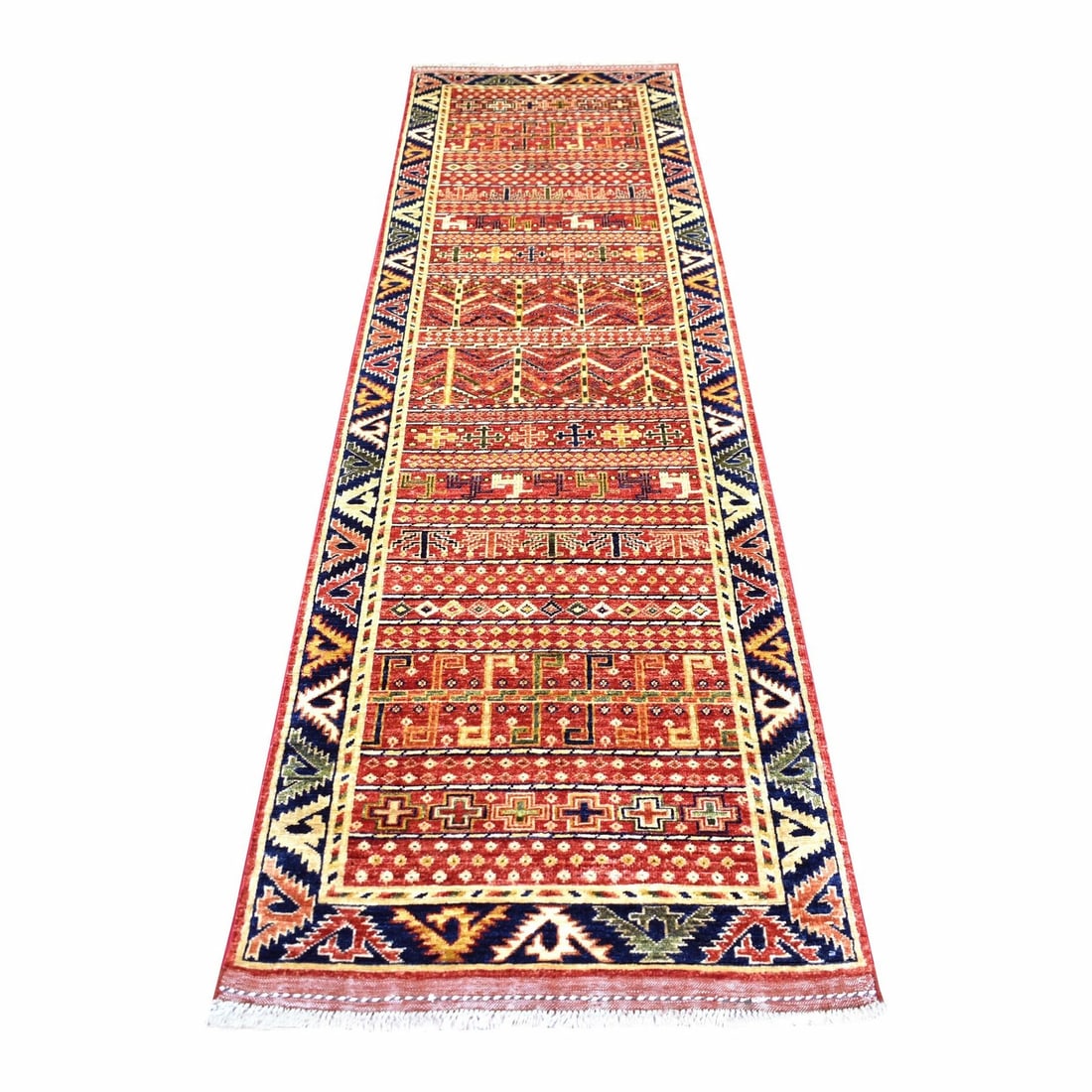 2'8"x9'7" Coral Red Afghan Ersari Soft Wool Hand Knotted Runner Rug: 2'8"x9'7" Coral Red Afghan Ersari Soft Wool Hand Knotted Runner Rug Softly glowing coral red hues dominate this stunning 2'8"x9'7" hand-knotted wool runner rug, crafted in the traditional Ersari style
