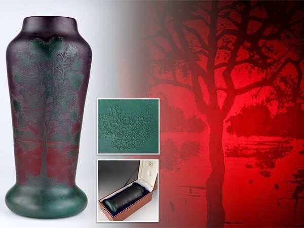 J.B. Leveille Paris Cameo Glass Vase Art Nouveau Lake Landscape Signed Box: J.B. Leveille Paris Cameo Glass Vase Art Nouveau Lake Landscape Signed Box Item Specifics: Origin: French Signed: Yes Color: Green Material: Glass Cameo Glass Subject: Lake Vintage: Yes Brand: J.B. Le