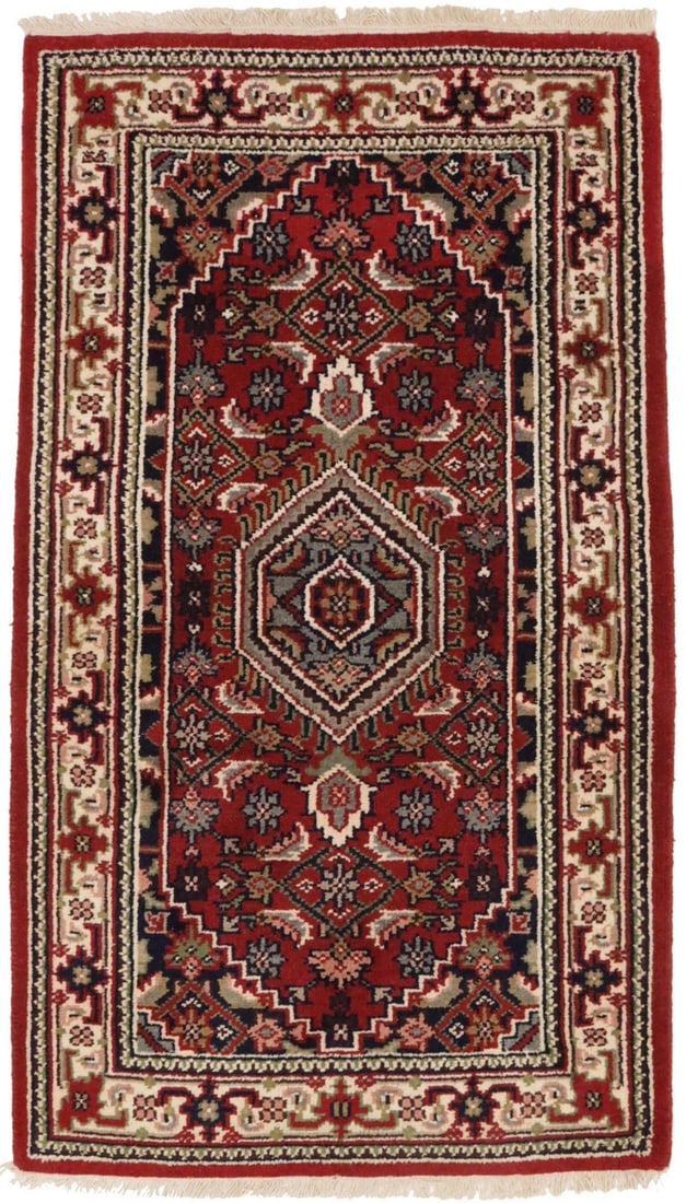 Handmade Indo-Bidjar Oriental Rug 3X5 Ft Floral Tribal Carpet Bedroom Bathroom Hand-Knotted: Handmade Indo-Bidjar Oriental Rug 3X5 Ft Floral Tribal Carpet Bedroom Bathroom Hand-Knotted Hand-knotted in wool and cotton, this 3x5 ft floral tribal carpet boasts a vibrant red and cream color palet