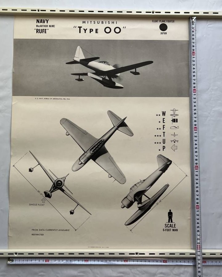 WWII 1944 US Navy Aircraft Recognition Poster Mitsubishi Type 00 Rufe Floatplane: WWII 1944 US Navy Aircraft Recognition Poster Mitsubishi Type 00 Rufe Floatplane Item Specifics: Conflict: WW II (1939-45) Original/Reproduction: Original Theme: Militaria Region Of Origin: United Sta