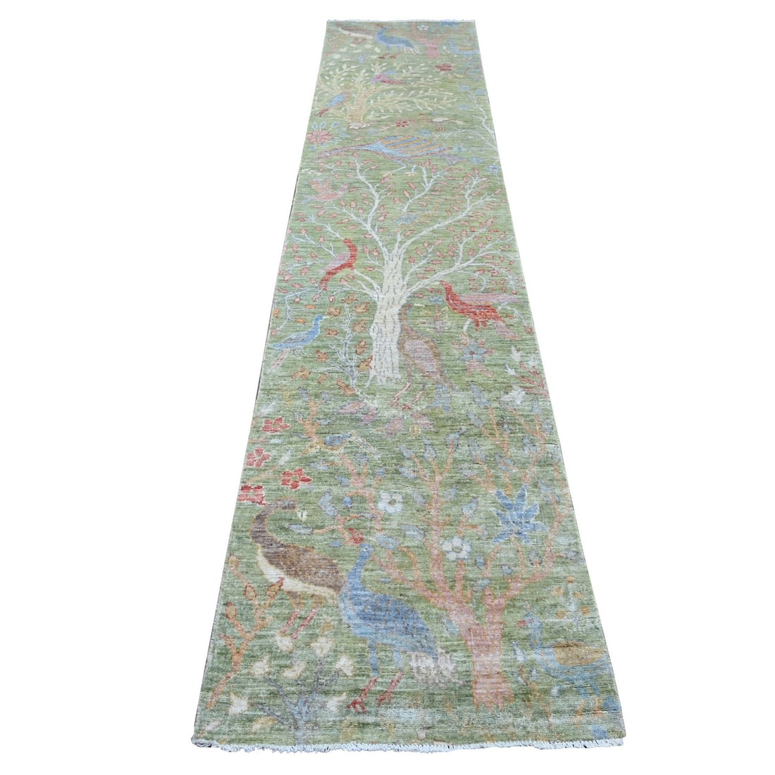 2'6"x12' Green Peshawar Birds of Paradise Design Hand Knotted Wool Runner: 2'6"x12' Green Peshawar Birds of Paradise Design Hand Knotted Wool Runner Green Peshawar Birds of Paradise Design Hand Knotted Wool Runner is a stunning 2'6"x12' hand-knotted wool runner from Afghanis