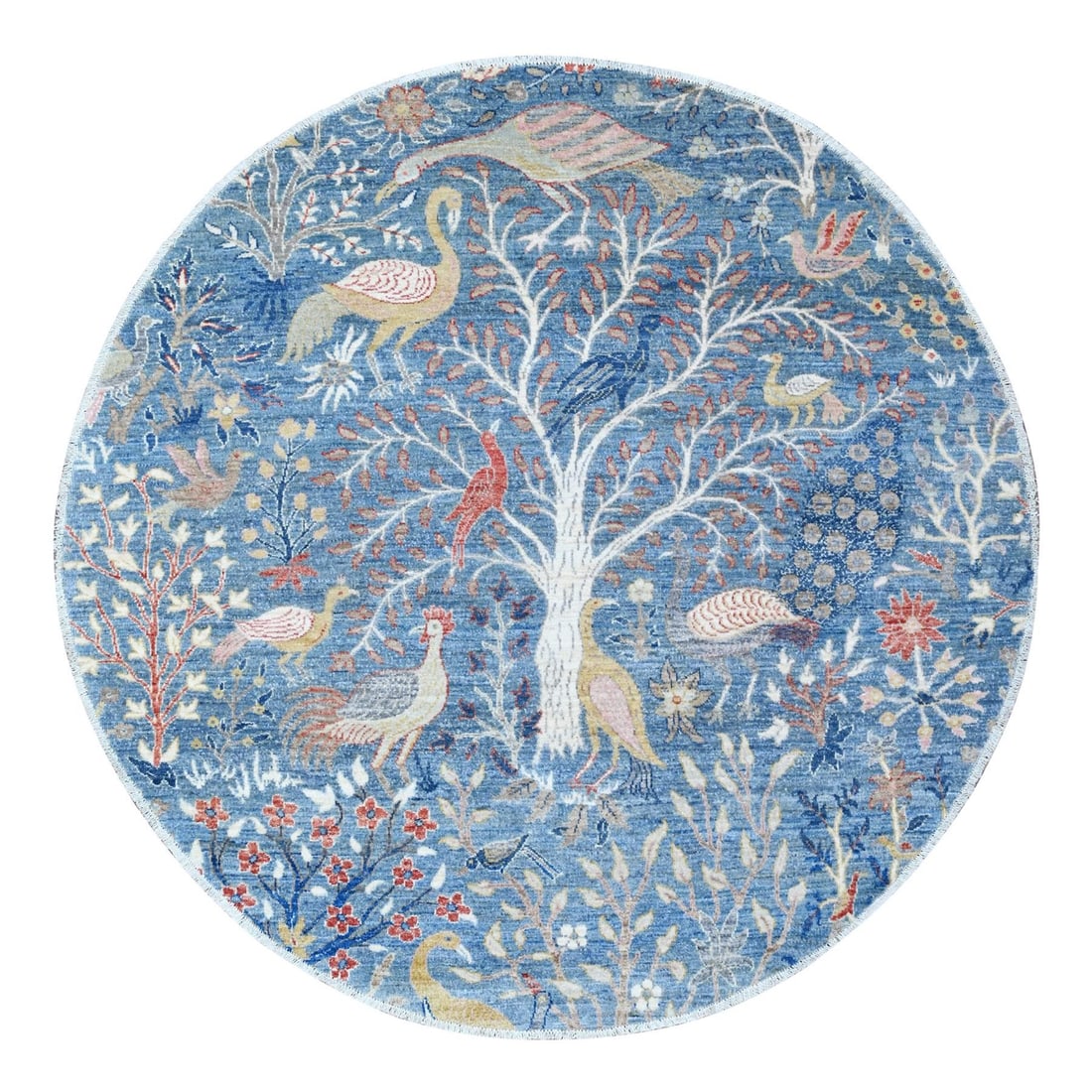 6'x6' Uranian Blue Wool Peshawar Birds of Paradise Hand Knotted Round Rug: 6'x6' Uranian Blue Wool Peshawar Birds of Paradise Hand Knotted Round Rug This stunning 6'x6' hand-knotted wool rug boasts a breathtaking Uranian Blue hue, evoking the majestic beauty of the Afghan co