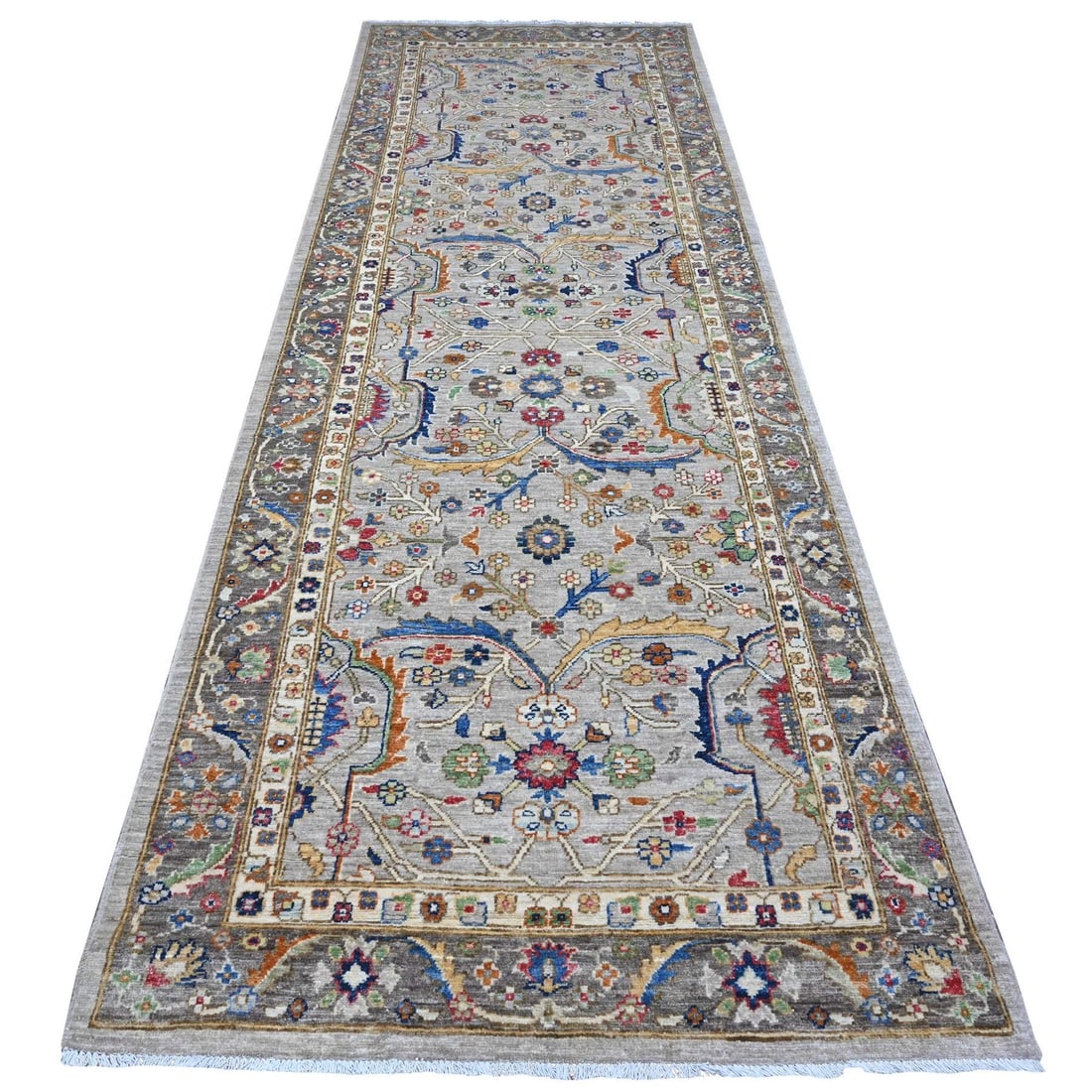 Gray Heris All Over 4'x11'9" Hand Knotted Wide Oriental Runner Rug: Gray Heris All Over 4'x11'9" Hand Knotted Wide Oriental Runner Rug Hand-knotted in wool, this 4'x11'9" wide Oriental runner rug boasts a stunning all-over grey field with subtle undertones of green, b
