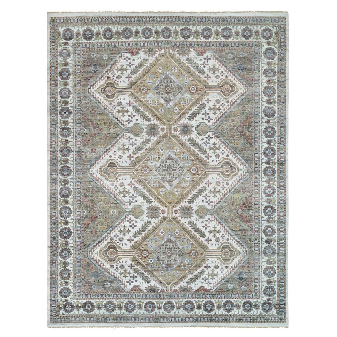 13'8"x17'9" Pearl White Hand Knotted Flower Rosettes Border Oversized Rug: 13'8"x17'9" Pearl White Hand Knotted Flower Rosettes Border Oversized Rug The 13'8"x17'9" Pearl White Hand Knotted Flower Rosettes Border Oversized Rug boasts a stunning ivory color with intricate cre