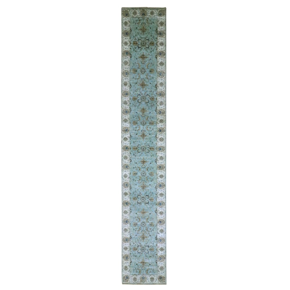 2'6"x15'9" Blue Hand Knotted Agra Vines Design Pure Wool XL Runner Rug: 2'6"x15'9" Blue Hand Knotted Agra Vines Design Pure Wool XL Runner Rug Blue Agra Vines Design Pure Wool XL Runner Rug features a stunning hand-knotted design in a vibrant blue color, with intricate vi