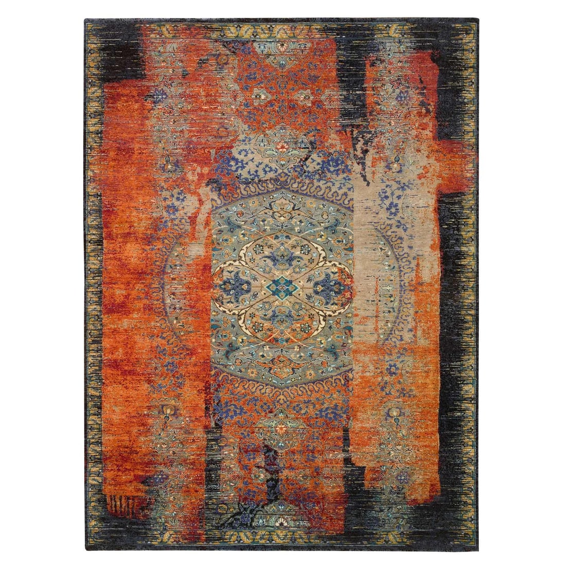 Ottoman Erased Design Wool Hand Knotted 9'2" Rust Red Rug: Ottoman Erased Design Wool Hand Knotted 9'2" Rust Red Rug Ottoman-style design in a vibrant rust red hue, this wool hand-knotted rug boasts a rectangular field with a subtle, timeless elegance. Measur
