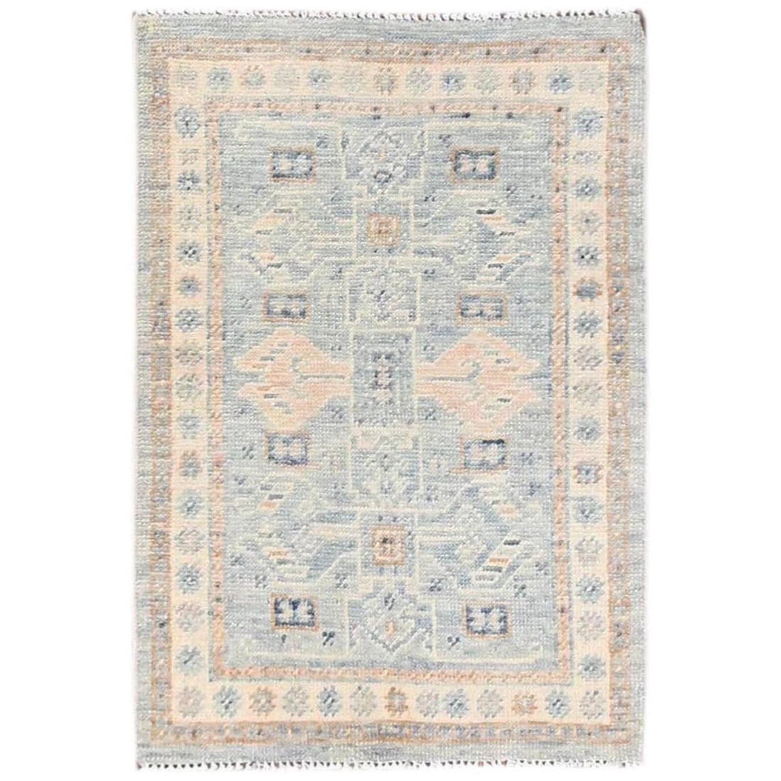 1'10"x2'10" Misty Gray Anatolian Village Design Hand Knotted Wool Mat Rug: 1'10"x2'10" Misty Gray Anatolian Village Design Hand Knotted Wool Mat Rug This stunning Anatolian-style wool mat rug boasts a beautiful misty gray color and intricate geometric pattern, characteristic
