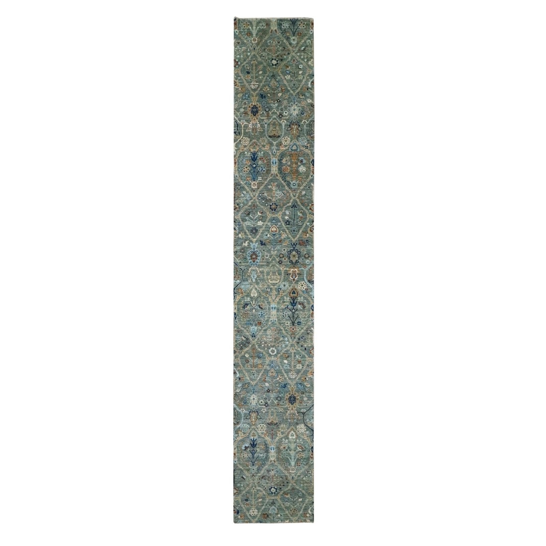 2'6"x16' Green Pure Wool Hand Knotted Trellis Garden Design XL Runner Rug: 2'6"x16' Green Pure Wool Hand Knotted Trellis Garden Design XL Runner Rug Hand-knotted in pure wool, this 2'6"x16' Green Agra trellis garden design XL runner rug boasts a stunning all-over regional de