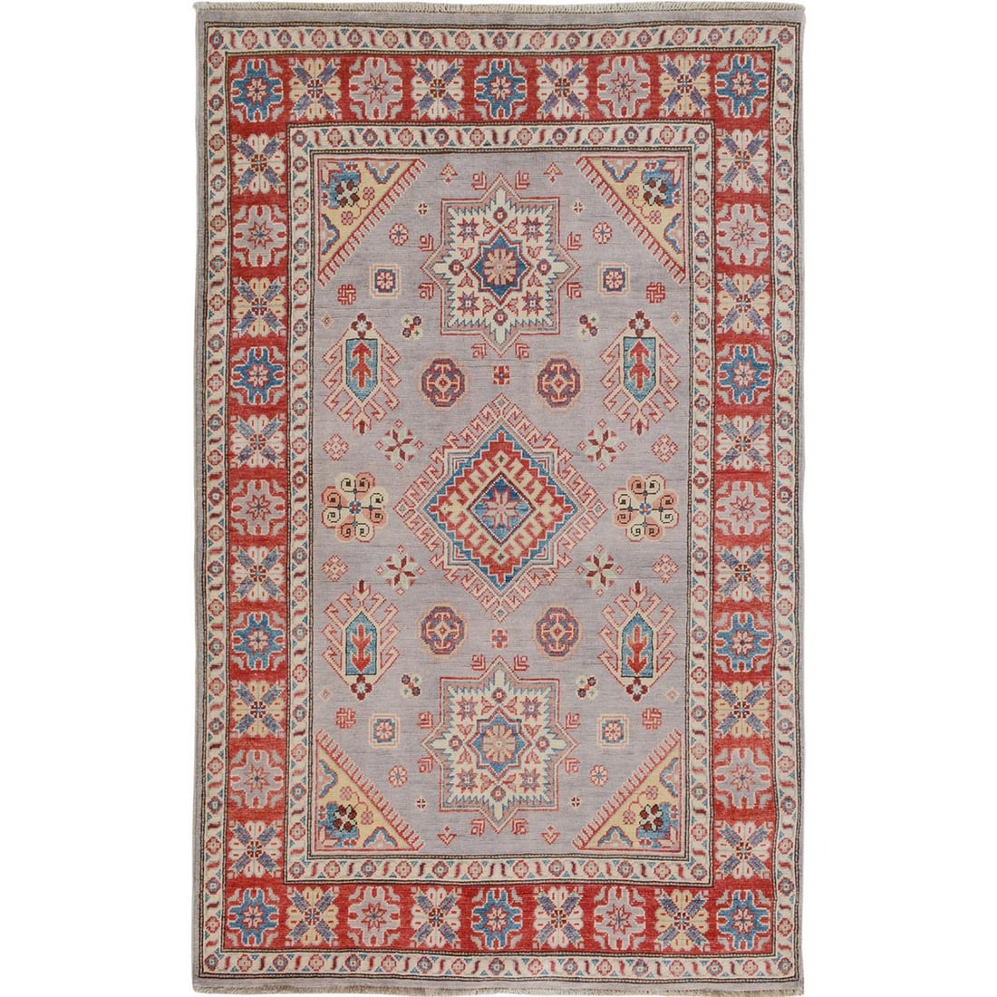 3'10"x6' Gray Special Kazak Geometric Design Pure Wool Hand Knotted Rug: 3'10"x6' Gray Special Kazak Geometric Design Pure Wool Hand Knotted Rug The 3'10"x6' Gray Special Kazak Geometric Design Pure Wool Hand Knotted Rug boasts a striking rectangular shape and a unique geo