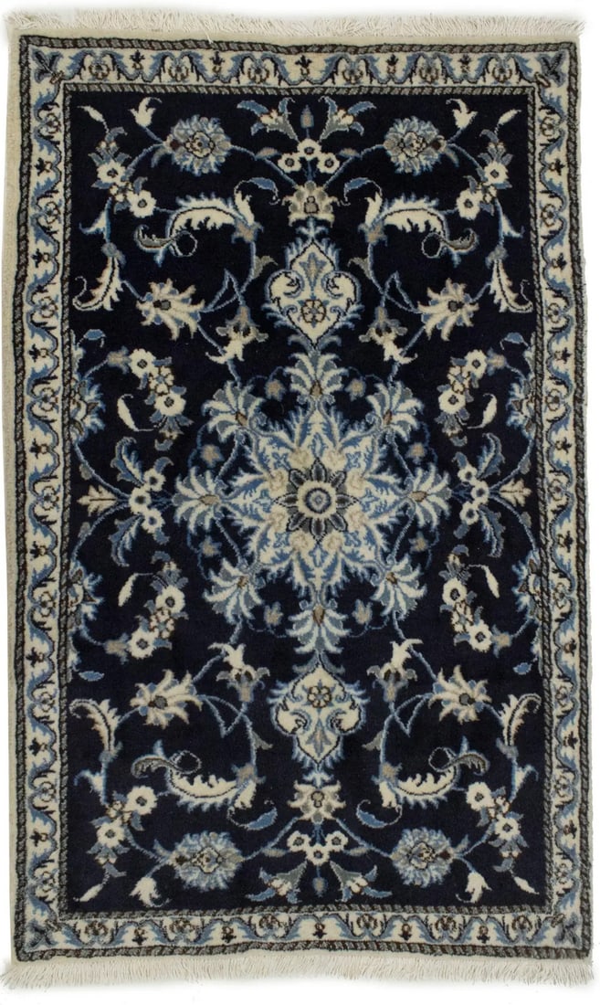 Handmade Wool Oriental Rug Navy Blue Thick Pile Classic Floral Carpet 3X4'6 Ft Hand-Knotted: Handmade Wool Oriental Rug Navy Blue Thick Pile Classic Floral Carpet 3X4'6 Ft Hand-Knotted Navy blue and cream-colored floral patterns create a classic and timeless design on this 3x4'6' handmade woo