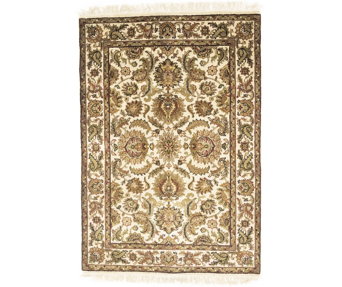 4X6 Hand-Knotted Agra Jaipur Wool Oriental Rug Thick Pile Floral Style Carpet Hand-Knotted: 4X6 Hand-Knotted Agra Jaipur Wool Oriental Rug Thick Pile Floral Style Carpet Hand-Knotted Thick and plush, this 4'1 x 6'0 hand-knotted Agra Jaipur wool oriental rug boasts a beautiful floral pattern 