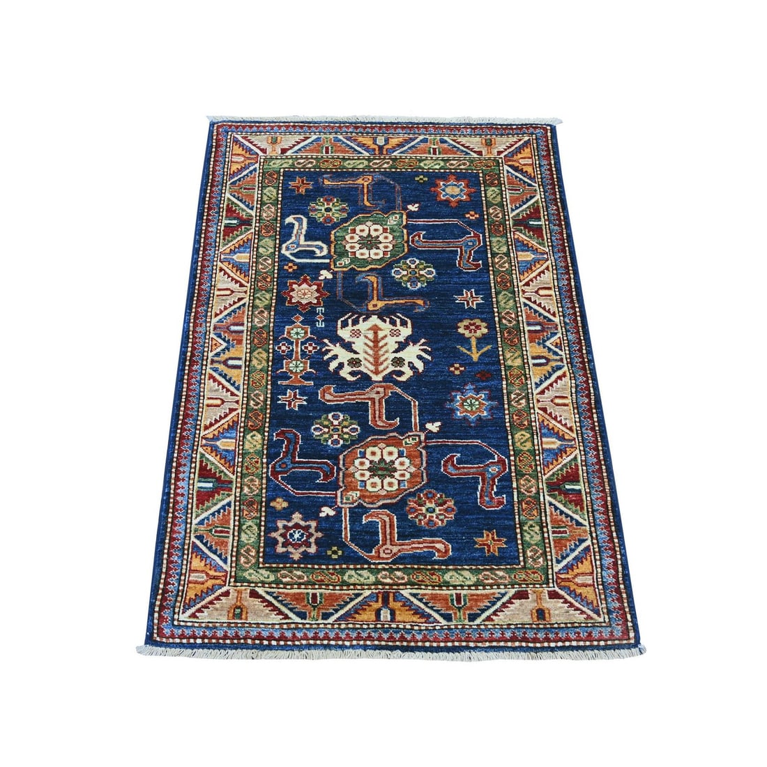 2'10"x4'1" Navy Blue Afghan Super Kazak Wool Hand Knotted Oriental Rug: 2'10"x4'1" Navy Blue Afghan Super Kazak Wool Hand Knotted Oriental Rug Navy blue and vibrant orange hues blend together in a stunning all-over regional design, characteristic of traditional Kazak-styl