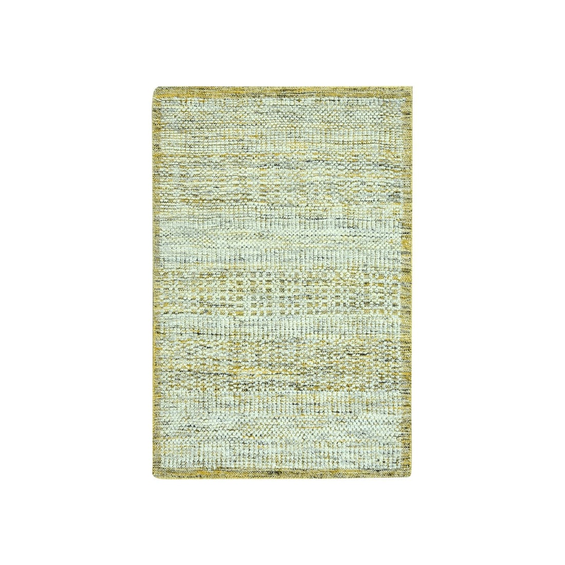 Rug Hand Knotted 2'x3' Yellow Wool Oxidized Distressed Grass: Rug Hand Knotted 2'x3' Yellow Wool Oxidized Distressed Grass Yellow Wool Oxidized Distressed Grass Rug: A vibrant 2'x3' hand-knotted wool rug with a unique oxidized distressed grass pattern in a bold 
