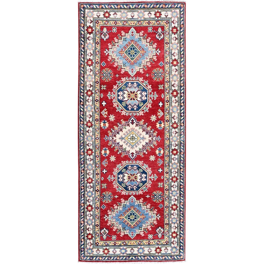 All Wool Kazak Runner with Red Medallions Design Hand Knotted 2'9"x6'8: All Wool Kazak Runner with Red Medallions Design Hand Knotted 2'9"x6'8 Hand-knotted in wool, this stunning Kazak runner boasts a vibrant red medallions design that adds a pop of color to any room. Mea