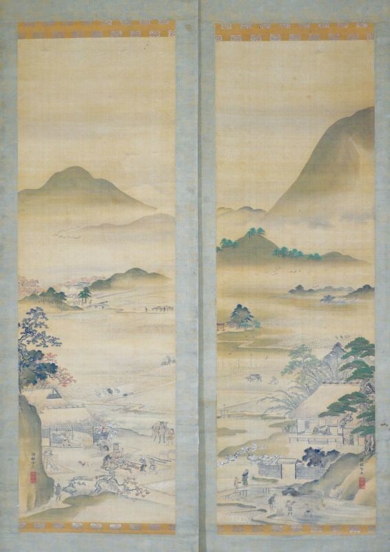 Settan Hanging Scrolls Pair Antique Art Spring Autumn Landscape Hasegawa (1 of 3)