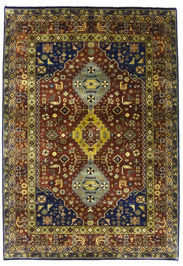 Handmade Oriental Rug Rust Tribal Design Vintage-Style Farmhouse Carpet 4X6 Ft Hand-Knotted: Handmade Oriental Rug Rust Tribal Design Vintage-Style Farmhouse Carpet 4X6 Ft Hand-Knotted Hand-knotted in wool, this 4x6 ft handmade Oriental rug features a vibrant tribal design in rust, navy blue,