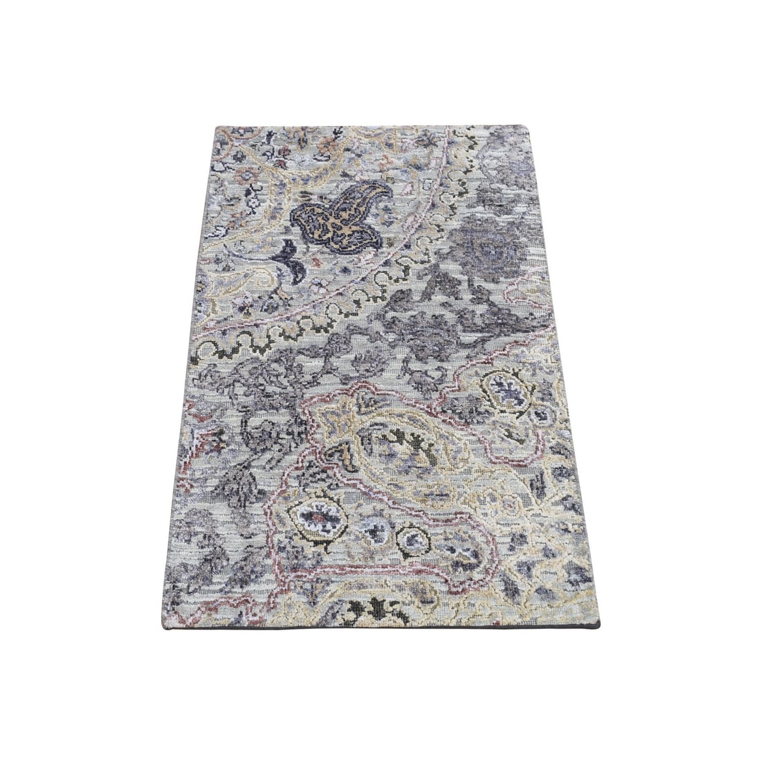 2'x3'1" Gray THE MAHARAJA Pure Silk with Textured Wool Hand Knotted Rug: 2'x3'1" Gray THE MAHARAJA Pure Silk with Textured Wool Hand Knotted Rug The Maharaja Pure Silk with Textured Wool Hand Knotted Rug is a stunning piece of art, boasting a rich gray color and intricate 