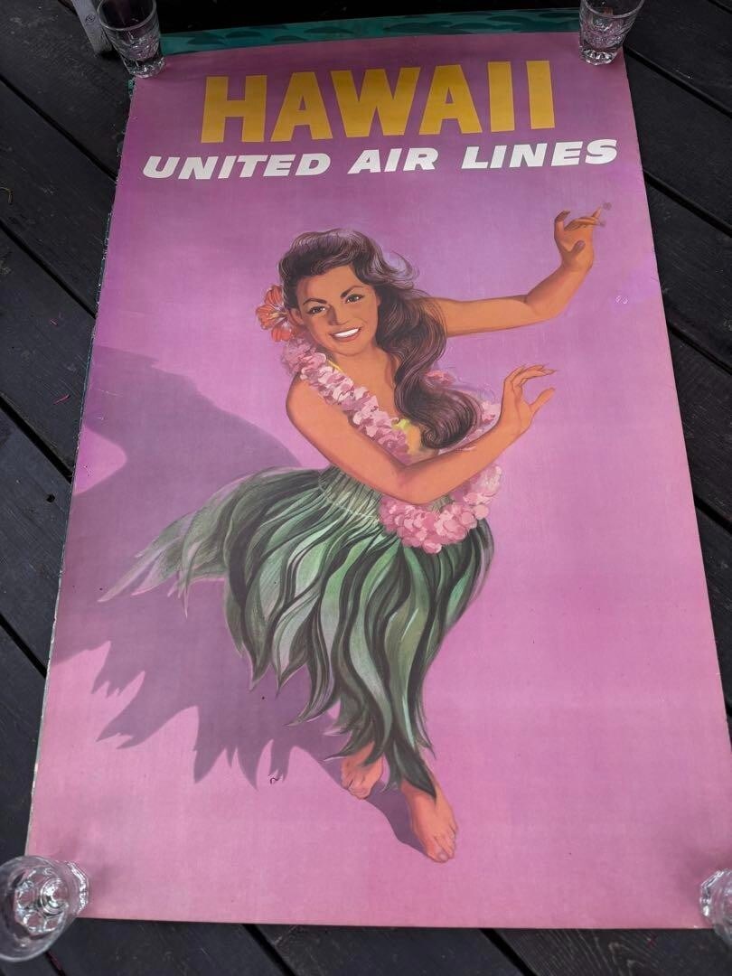 Beautiful Girl Hawaiian Poster Original Vintage Airlines United (1 of 4)