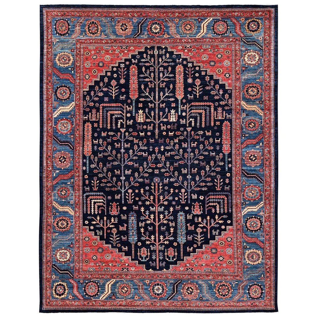 10'1"x13'4" Yale Blue Cypress and Willow Tree Design Wool Hand Knotted Rug: 10'1"x13'4" Yale Blue Cypress and Willow Tree Design Wool Hand Knotted Rug The Aryana hand-knotted rug boasts a stunning all-over design in a rich blue hue, set against a backdrop of natural wool fibe