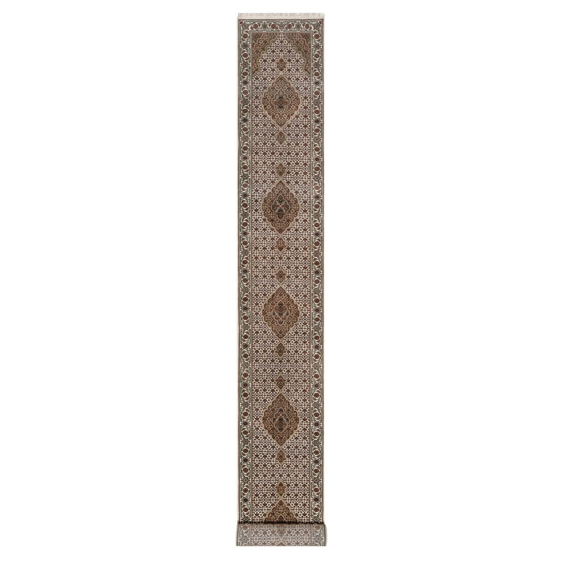 White Wool Tebraz Mahi Medallion Rug 2'7"x21'2" Hand Knotted: White Wool Tebraz Mahi Medallion Rug 2'7"x21'2" Hand Knotted Hand-knotted in ivory wool, this stunning 2'7"x21'2" Tebraz medallion rug boasts a classic Oriental design with intricate patterns and a su