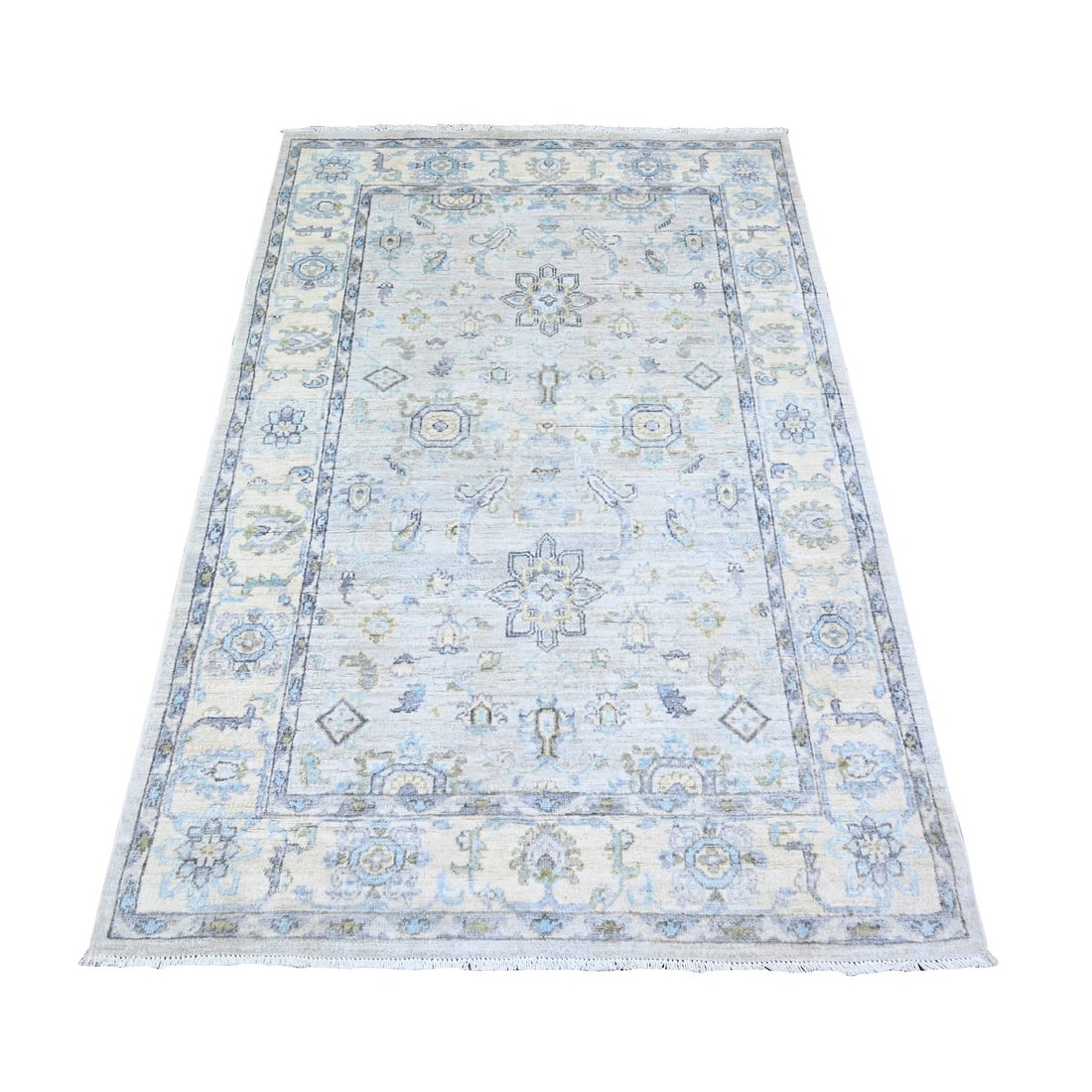 Hand Knotted Chrome Wool Rug 4'x5'9" Peshawar Gray White Wash: Hand Knotted Chrome Wool Rug 4'x5'9" Peshawar Gray White Wash Hand-knotted in traditional Peshawar style, this 4'x5'9" wool rug boasts a stunning grey and white wash color palette, reminiscent of the 