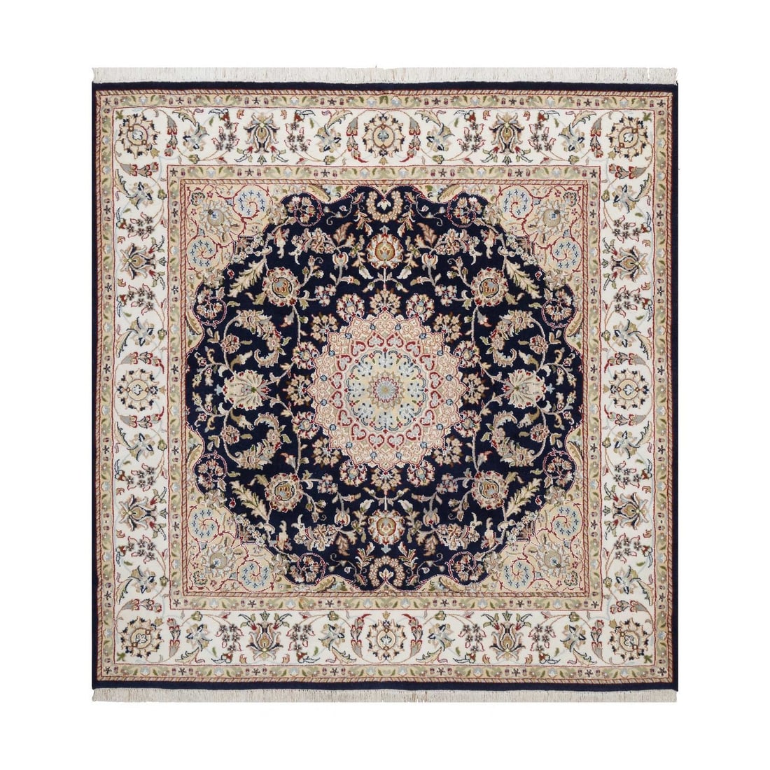 6'3"x6'3" Midnight Blue Nain 250 KPSI Hand Knotted Wool & Silk Square Rug: 6'3"x6'3" Midnight Blue Nain 250 KPSI Hand Knotted Wool & Silk Square Rug The Midnight Blue Nain 250 KPSI Hand Knotted Wool & Silk Square Rug is a stunning piece of craftsmanship, boasting a rich midn