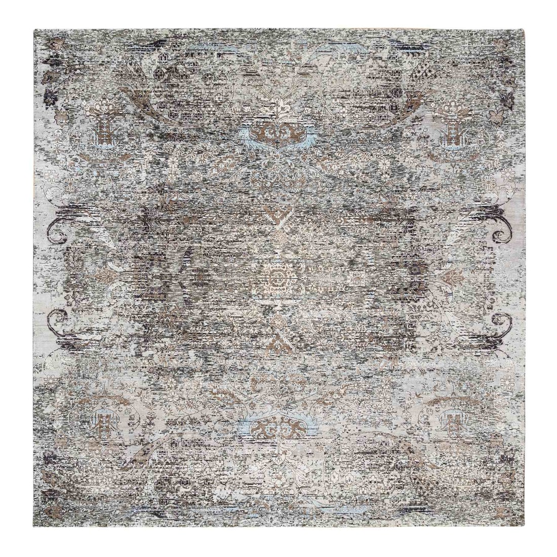 8'1"x8'1" Gray Transitional Hand Knotted Silk/ Textured Wool Square Rug: 8'1"x8'1" Gray Transitional Hand Knotted Silk/ Textured Wool Square Rug The 8'1"x8'1" Gray Transitional Hand Knotted Silk/Textured Wool Square Rug boasts a stunning grey color and intricate hand-knott