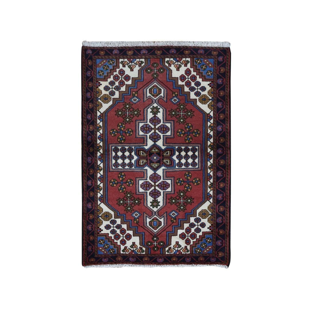 3'5"x5' Red Vintage Bohemian Zoroastrian Khamadan Wool Hand Knotted Rug: 3'5"x5' Red Vintage Bohemian Zoroastrian Khamadan Wool Hand Knotted Rug Red Vintage Zoroastrian Khamadan Wool Hand Knotted Rug features a rectangular field with an Oriental Regional Design, characteri
