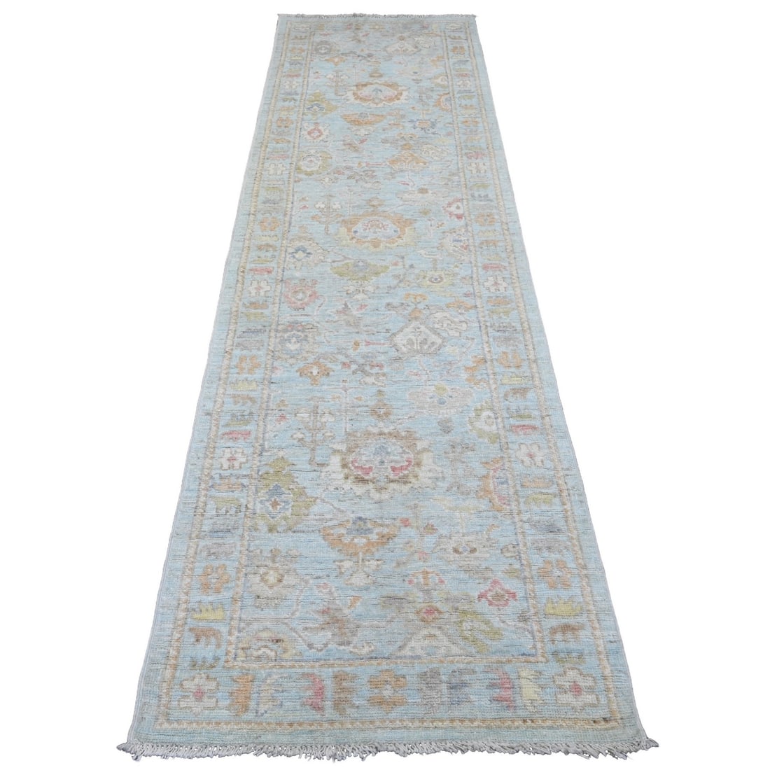 2'10"x9'10" Blue Pure Wool Afghan Angora Oushak Hand Knotted Runner Rug: 2'10"x9'10" Blue Pure Wool Afghan Angora Oushak Hand Knotted Runner Rug The 2'10"x9'10" Blue Pure Wool Afghan Angora Oushak Hand Knotted Runner Rug is a stunning piece of traditional Afghan craftsmans