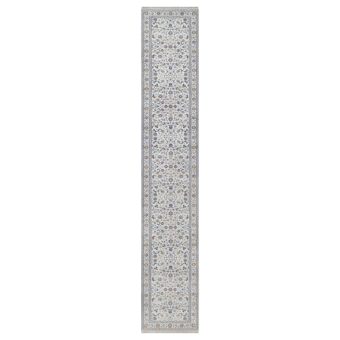 2'10"x16' Ivory Hand Knotted Nain Floral Pattern Wool & Silk 250 KPSI Runner: 2'10"x16' Ivory Hand Knotted Nain Floral Pattern Wool & Silk 250 KPSI Runner The 2'10"x16' Ivory Hand Knotted Nain Floral Pattern Wool & Silk Runner is a stunning piece of craftsmanship, boasting an a