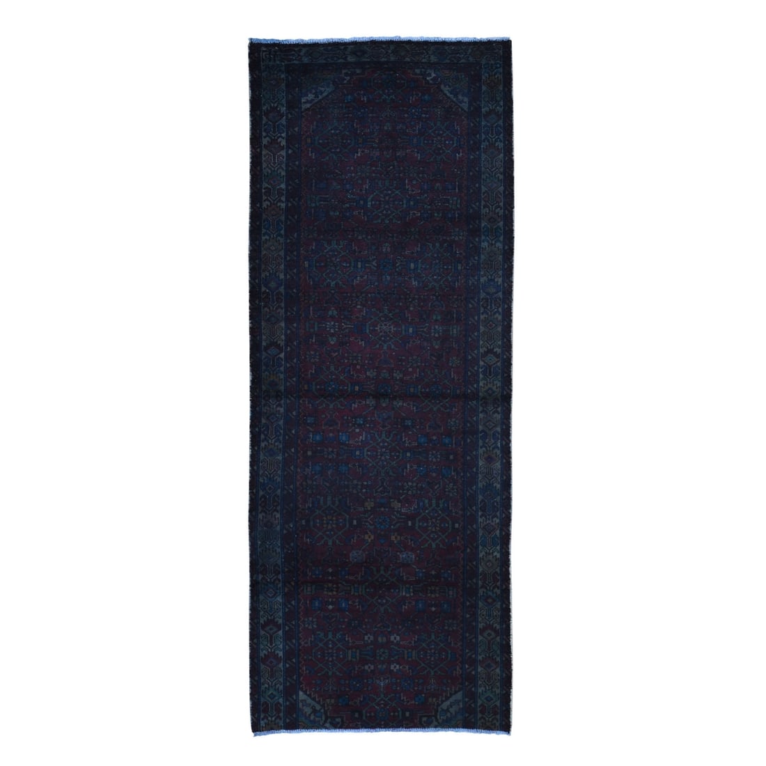 Runner Overdyed Worn Wide Wool Village Rug 3'6"x9'1: Runner Overdyed Worn Wide Wool Village Rug 3'6"x9'1 Worn to perfection, this vintage Turkish runner rug boasts a rich, deep red color and a beautiful, hand-knotted worn wool pile. Its classic Oriental