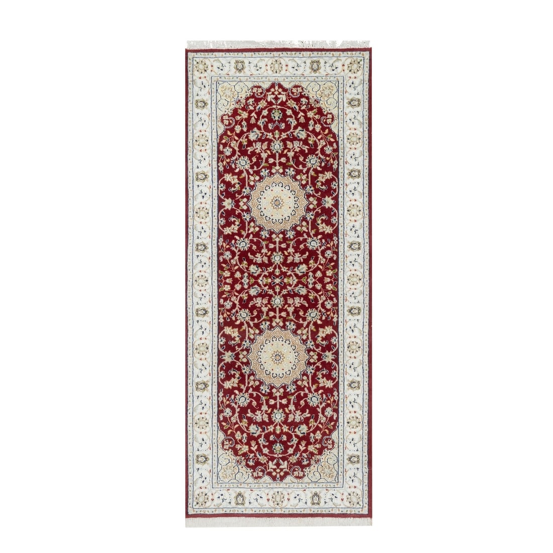 2'8"x6'8" Rosewood Red Pure Wool Nain Design Hand Knotted 250 KPSI Rug: 2'8"x6'8" Rosewood Red Pure Wool Nain Design Hand Knotted 250 KPSI Rug Hand-knotted with wool and silk, this 2'8"x6'8" Nain-style rug boasts a stunning red field color and intricate border, set agains