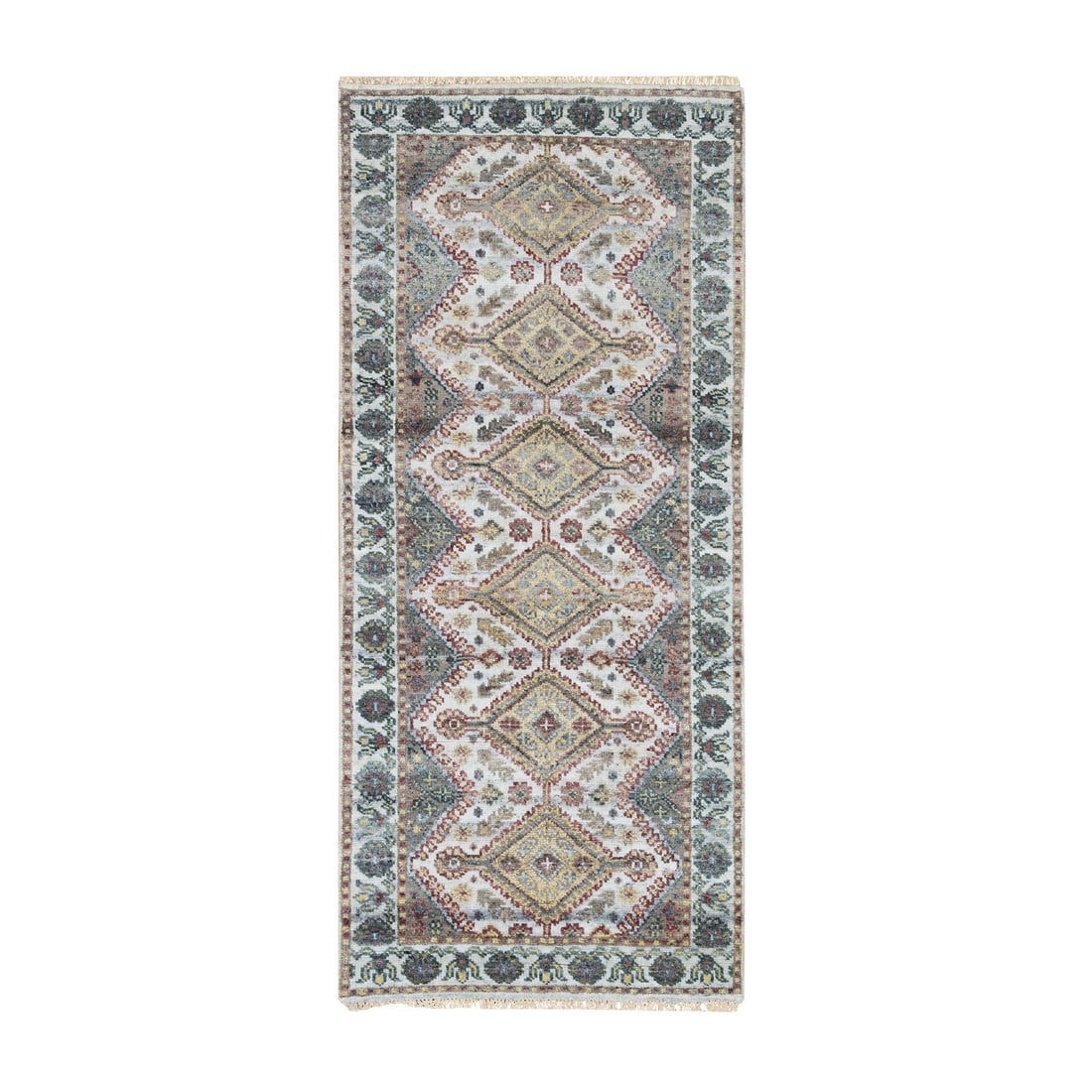 Ivory Flower Border Hand Knotted Runner Oriental Rug 2'8"x6: Ivory Flower Border Hand Knotted Runner Oriental Rug 2'8"x6 Hand-knotted with wool, this 2'8"x6'0" Oriental runner rug boasts a stunning ivory field with intricate border and subtle accents of cream, 