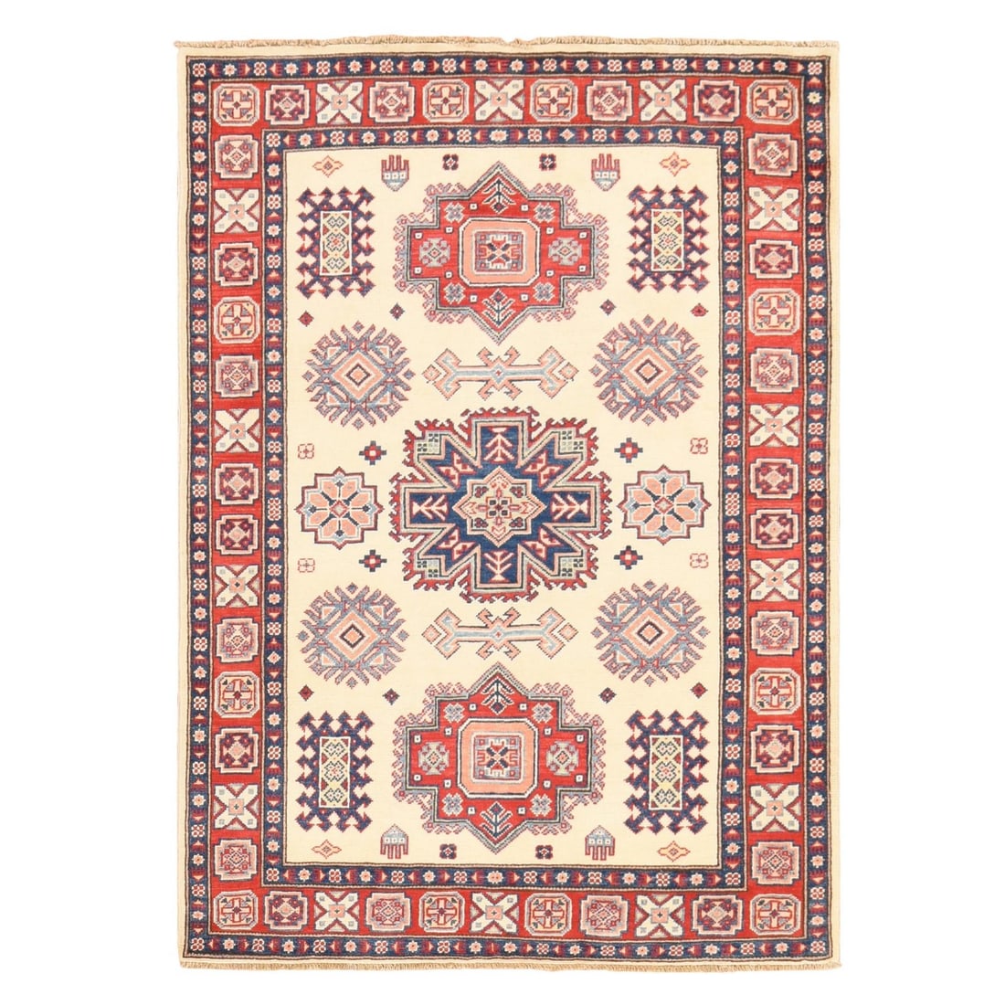 4'x5'6" Ivory Special Kazak Tribal Design Pure Wool Hand Knotted Rug: 4'x5'6" Ivory Special Kazak Tribal Design Pure Wool Hand Knotted Rug Ivory Special Kazak Tribal Design Pure Wool Hand Knotted Rug features a stunning rectangular field with a unique oriental regional 