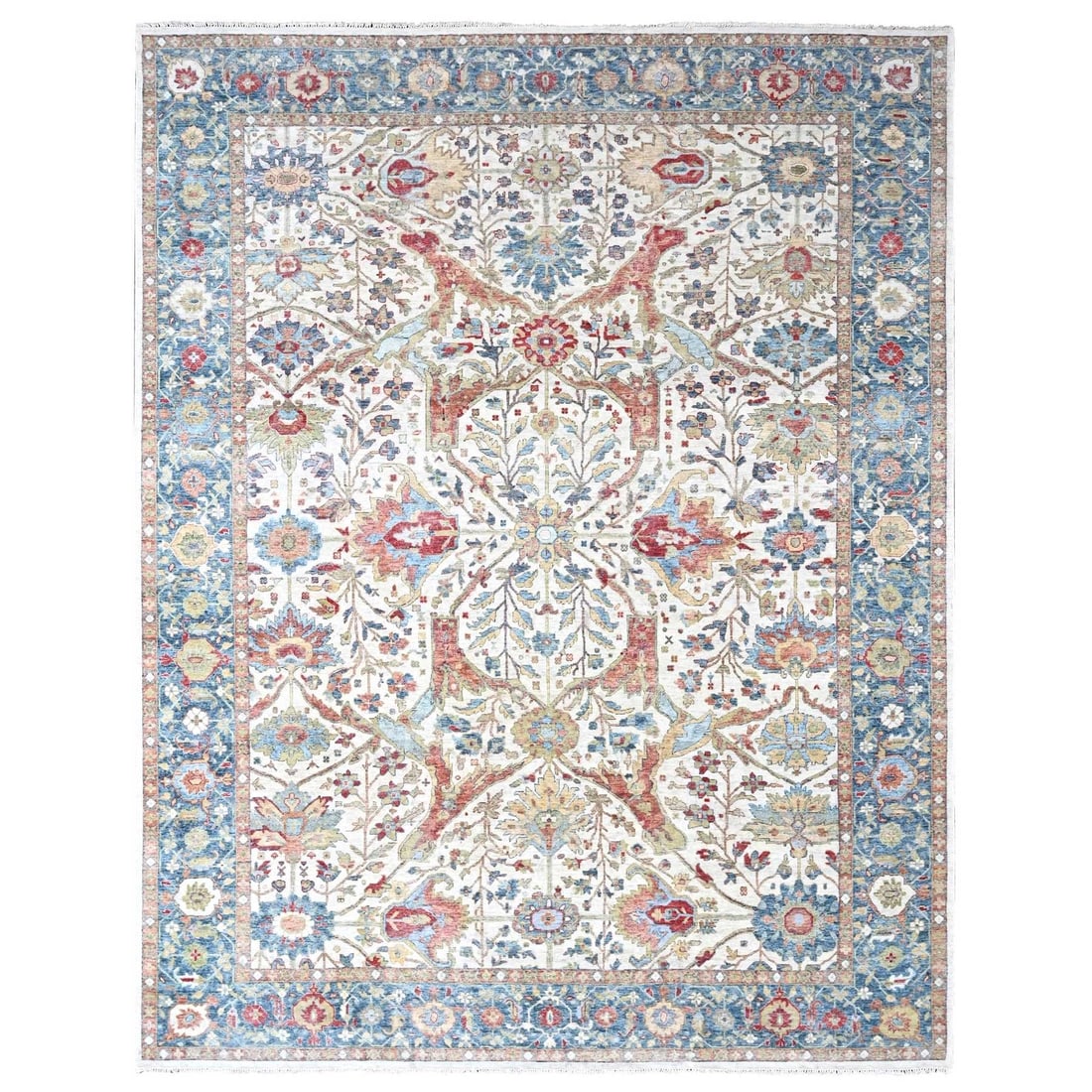 10'x14' Lace White Antiqued Ziegler Mahal Design Wool Hand Knotted Rug: 10'x14' Lace White Antiqued Ziegler Mahal Design Wool Hand Knotted Rug 10'x14' Lace White Antiqued Ziegler Mahal Design Wool Hand Knotted Rug, a stunning piece of 100% wool craftsmanship, boasts a bea