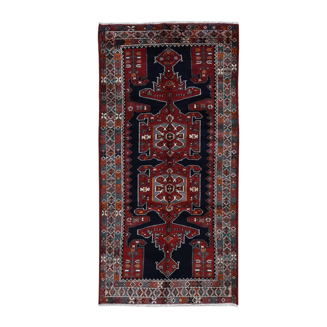4'8"x9'7" Blue New Zoroastrian Khamadan Wool Hand Knotted Runner Rug: 4'8"x9'7" Blue New Zoroastrian Khamadan Wool Hand Knotted Runner Rug Hand-knotted in wool, this stunning 4'8"x9'7" Blue New Zoroastrian Khamadan rug boasts an intricate Oriental regional design, chara