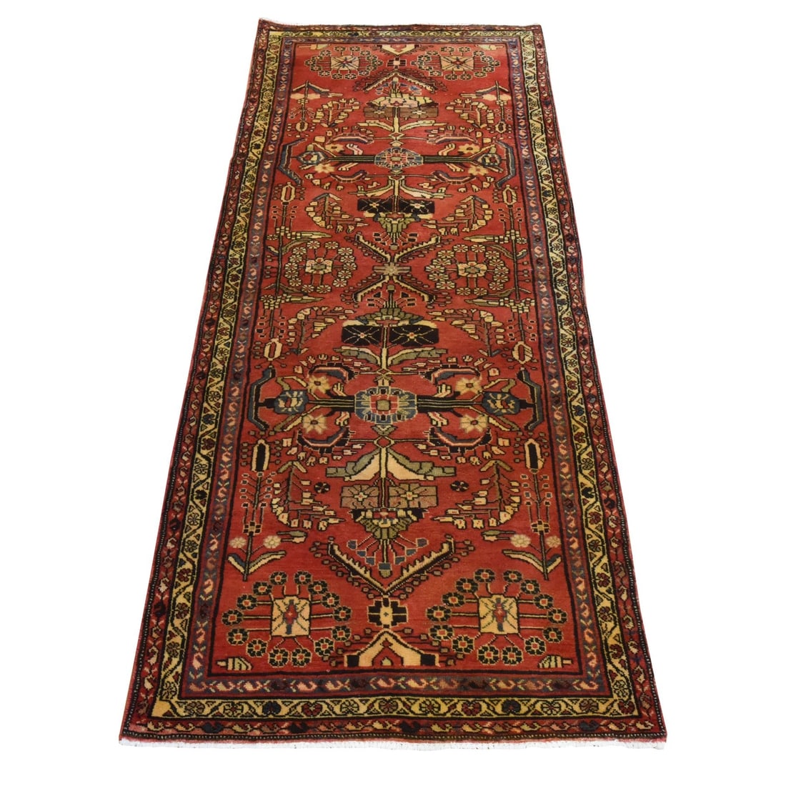 3'4"x9'10" Red Semi Antique Zoroastrian Pure Wool Hand Knotted Runner Rug: 3'4"x9'10" Red Semi Antique Zoroastrian Pure Wool Hand Knotted Runner Rug Hand-knotted in pure wool, this stunning 3'4"x9'10" Red Semi Antique Zoroastrian runner rug boasts an all-over regional design