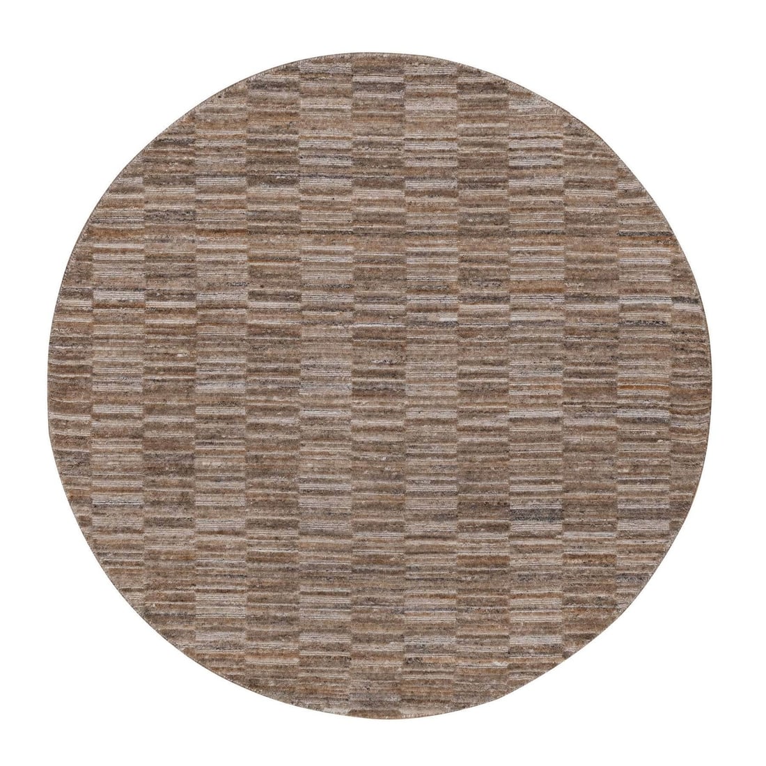 Camel Brown Hand Loomed Pure Wool Round Rug 5'x5' Grid Pattern: Camel Brown Hand Loomed Pure Wool Round Rug 5'x5' Grid Pattern The Camel Brown Hand Loomed Pure Wool Round Rug boasts a stunning 5'x5' grid pattern in a rich, earthy tone. Made from 100% pure wool, th