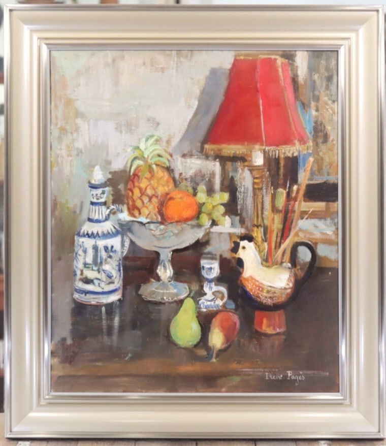 Irene Pages French Still Life Oil Painting Red Lamp Fruit Signed Framed (1 of 10)