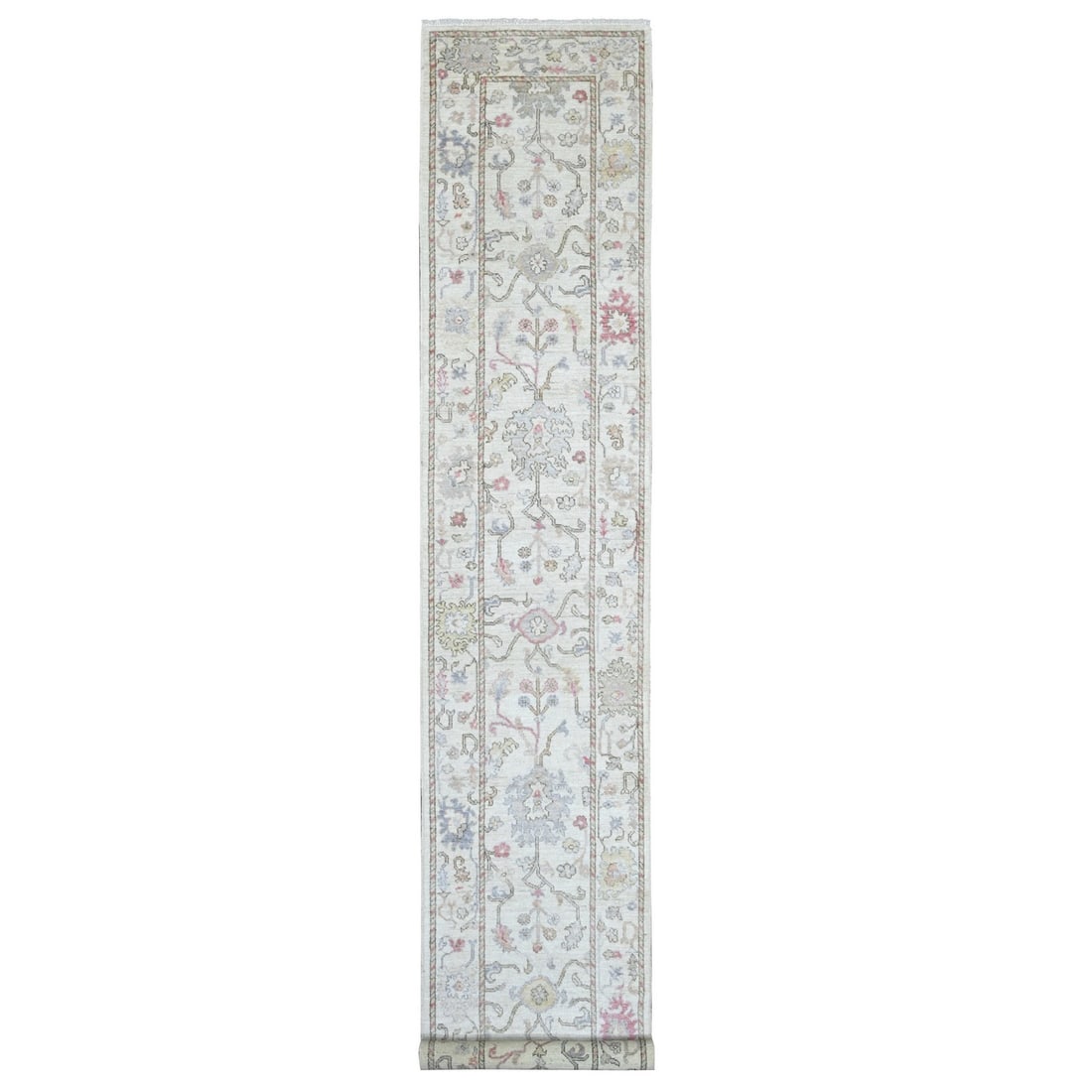 2'8"x15'7" Ivory Angora Oushak Leaf Design Hand Knotted Wool Runner Rug: 2'8"x15'7" Ivory Angora Oushak Leaf Design Hand Knotted Wool Runner Rug Ivory Angora Oushak Leaf Design Hand Knotted Wool Runner Rug is a stunning 2'8"x15'7" hand-knotted wool runner featuring a beaut