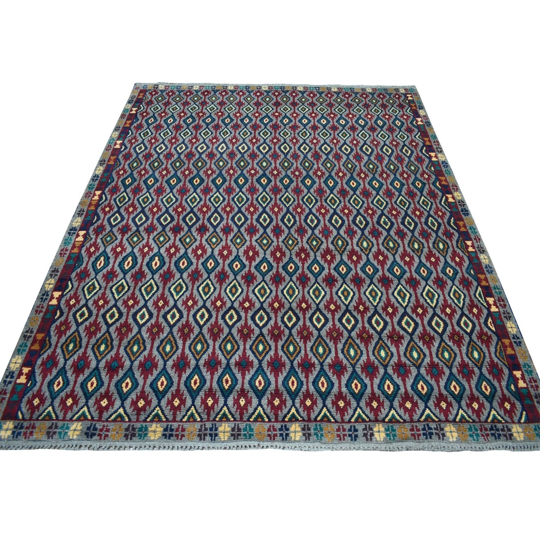 Colorful Afghan Village Rug Hand Made Pure Wool 6'2"x7'3" Tribal Design: Colorful Afghan Village Rug Hand Made Pure Wool 6'2"x7'3" Tribal Design Handmade with traditional techniques, this vibrant 6'2"x7'3" Afghan village rug boasts a striking tribal design in shades of gre
