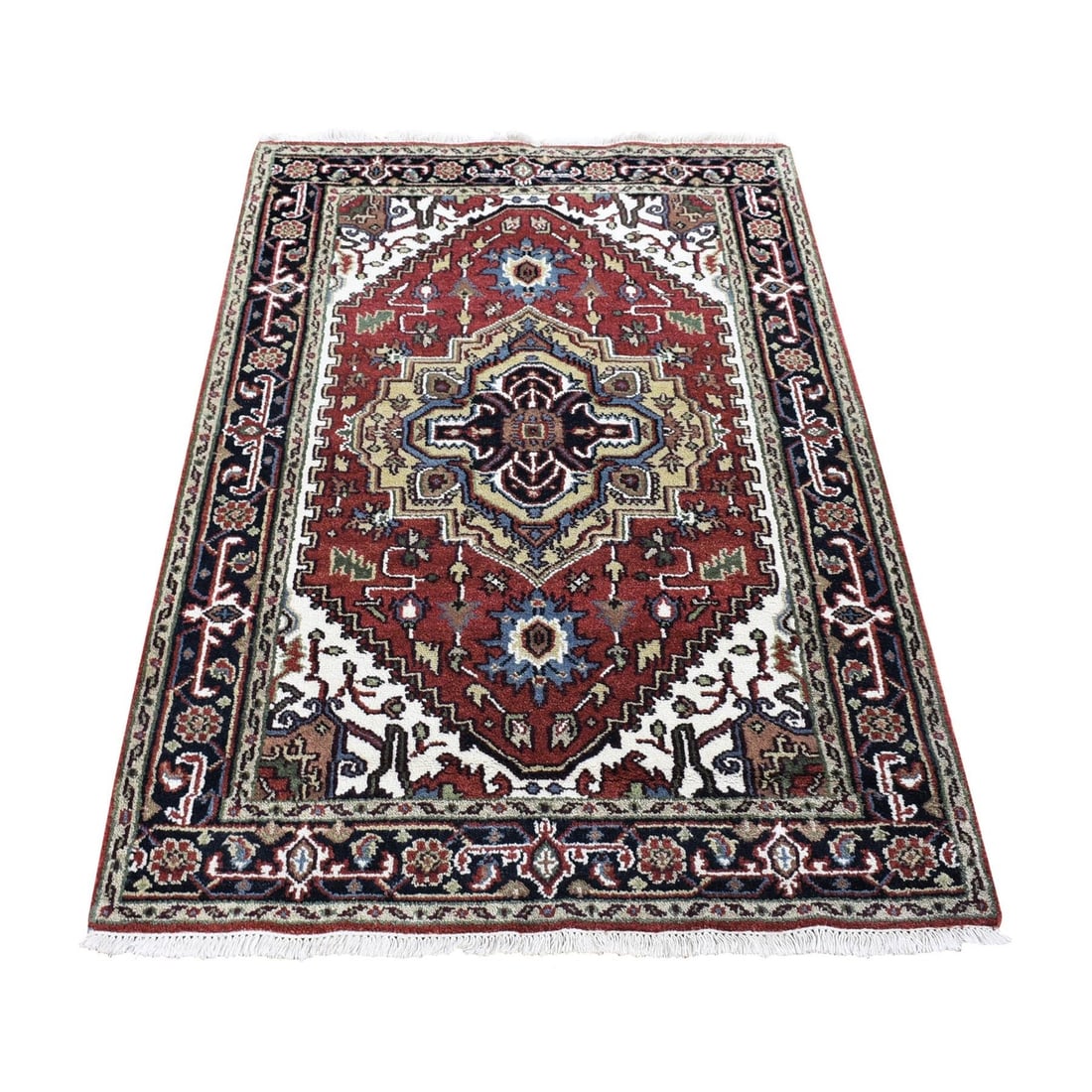 3'10"x6'1" Rich Red, Heris Revival, Hand Knotted Pure Wool, Oriental Rug: 3'10"x6'1" Rich Red, Heris Revival, Hand Knotted Pure Wool, Oriental Rug Richly colored and intricately woven, this 3'10"x6'1" Heris Revival hand-knotted pure wool oriental rug boasts a stunning red f