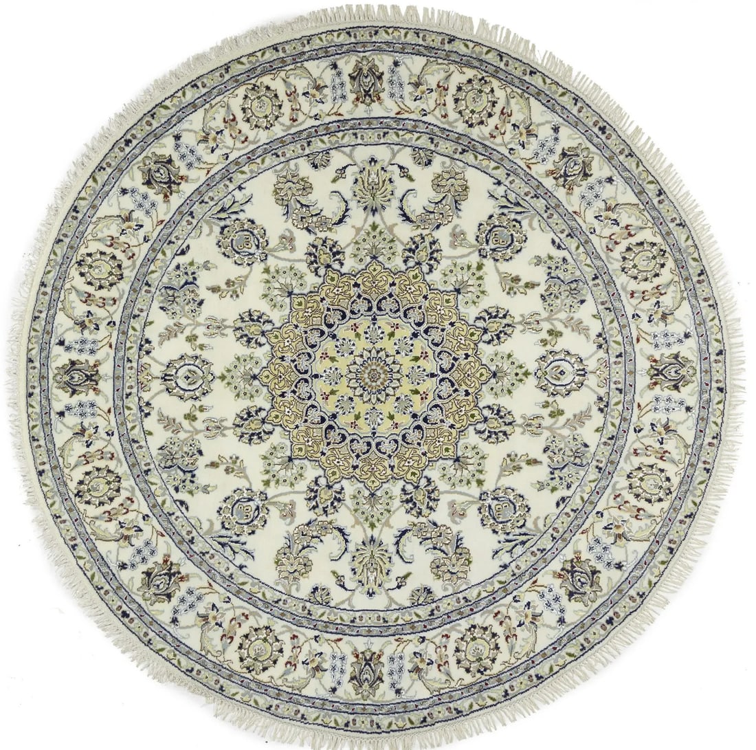 6X6 Handmade Classic Indo-Nain Floral Round Rug Oriental Carpet Room Decor Hand-Knotted: 6X6 Handmade Classic Indo-Nain Floral Round Rug Oriental Carpet Room Decor Hand-Knotted Hand-knotted with wool and silk, this 6'4 x 6'3 round rug boasts a stunning floral pattern in a mix of cream, bu