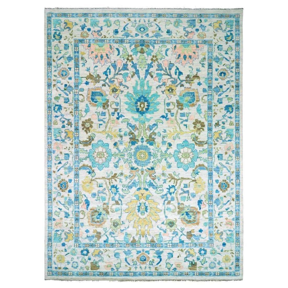 10'2"x14' Frost Ivory Hand Knotted Oushak Weave and Design Pure Wool Rug: 10'2"x14' Frost Ivory Hand Knotted Oushak Weave and Design Pure Wool Rug The Frost Ivory Hand Knotted Oushak Weave and Design Pure Wool Rug is a stunning, hand-knotted masterpiece featuring an intrica