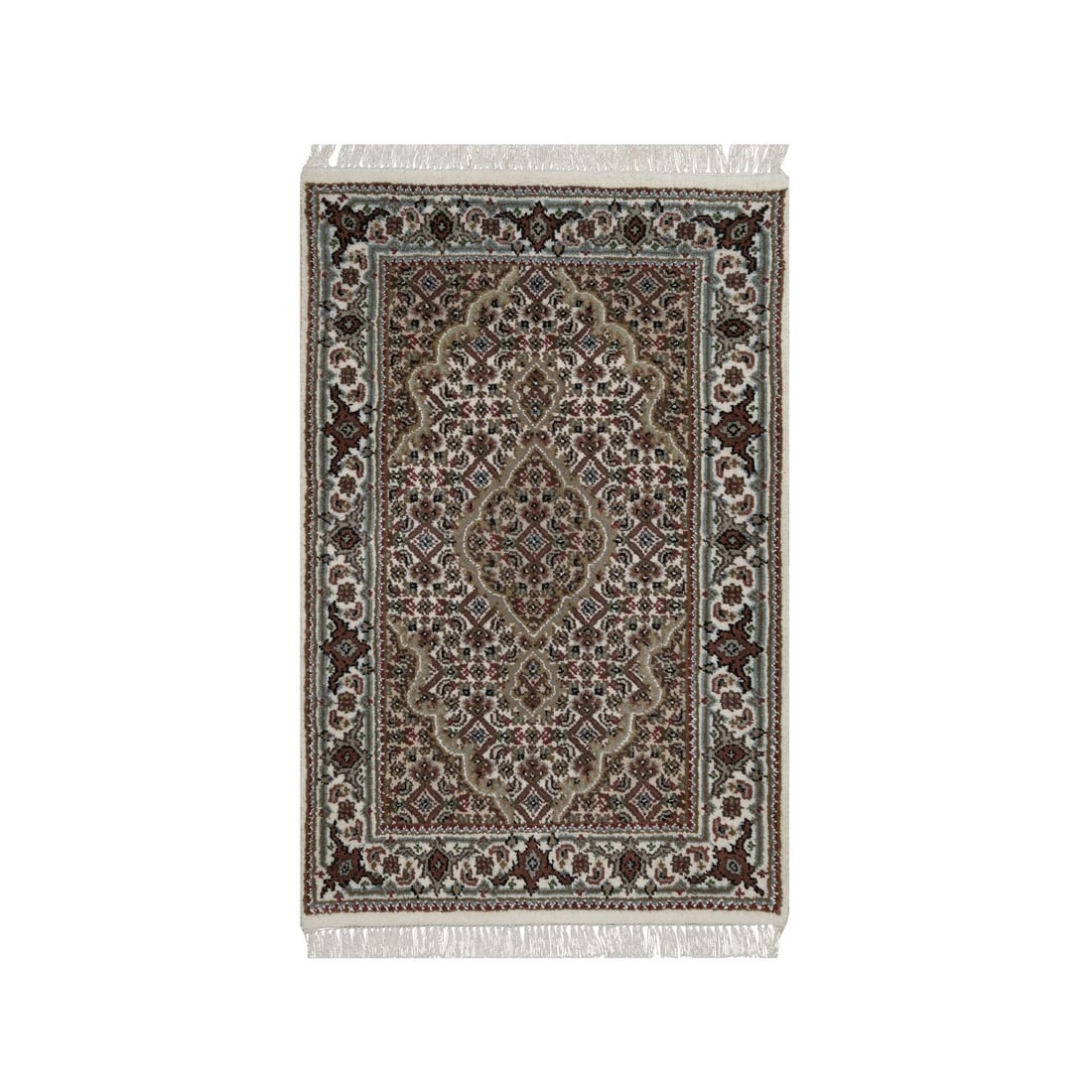 2'x3'1" Ivory Tebraz Mahi Medallion Design Hand Knotted Wool 175 KPSI Mat: 2'x3'1" Ivory Tebraz Mahi Medallion Design Hand Knotted Wool 175 KPSI Mat The 2'x3'1" Ivory Tebraz Mahi Medallion Design Hand Knotted Wool rug boasts a stunning medallion pattern in ivory, surrounded 