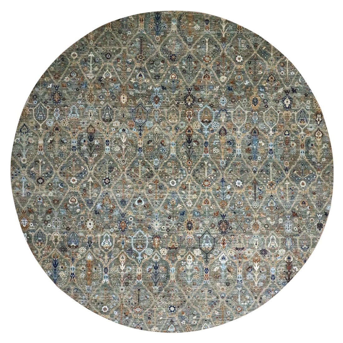 9'10"x9'10" Basil Green Hand Knotted Wool Rug Trellis Garden Design Round: 9'10"x9'10" Basil Green Hand Knotted Wool Rug Trellis Garden Design Round The Agra-style Basil Green Hand Knotted Wool Rug boasts a stunning all-over regional design, showcasing a beautiful field of g