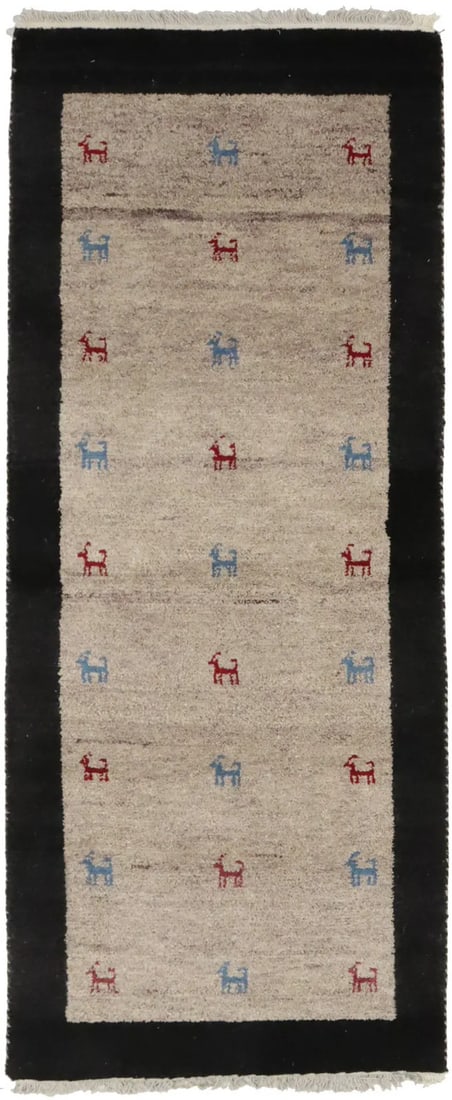 2'6 X 6'2 Hand-Knotted Beige & Charcoal Border Indo-Gabbeh Rug Oriental Carpet Hand-Knotted: 2'6 X 6'2 Hand-Knotted Beige & Charcoal Border Indo-Gabbeh Rug Oriental Carpet Hand-Knotted Hand-knotted in wool with a cotton foundation, this 2'6 x 6'2 beige and charcoal border Indo-Gabbeh rug boas